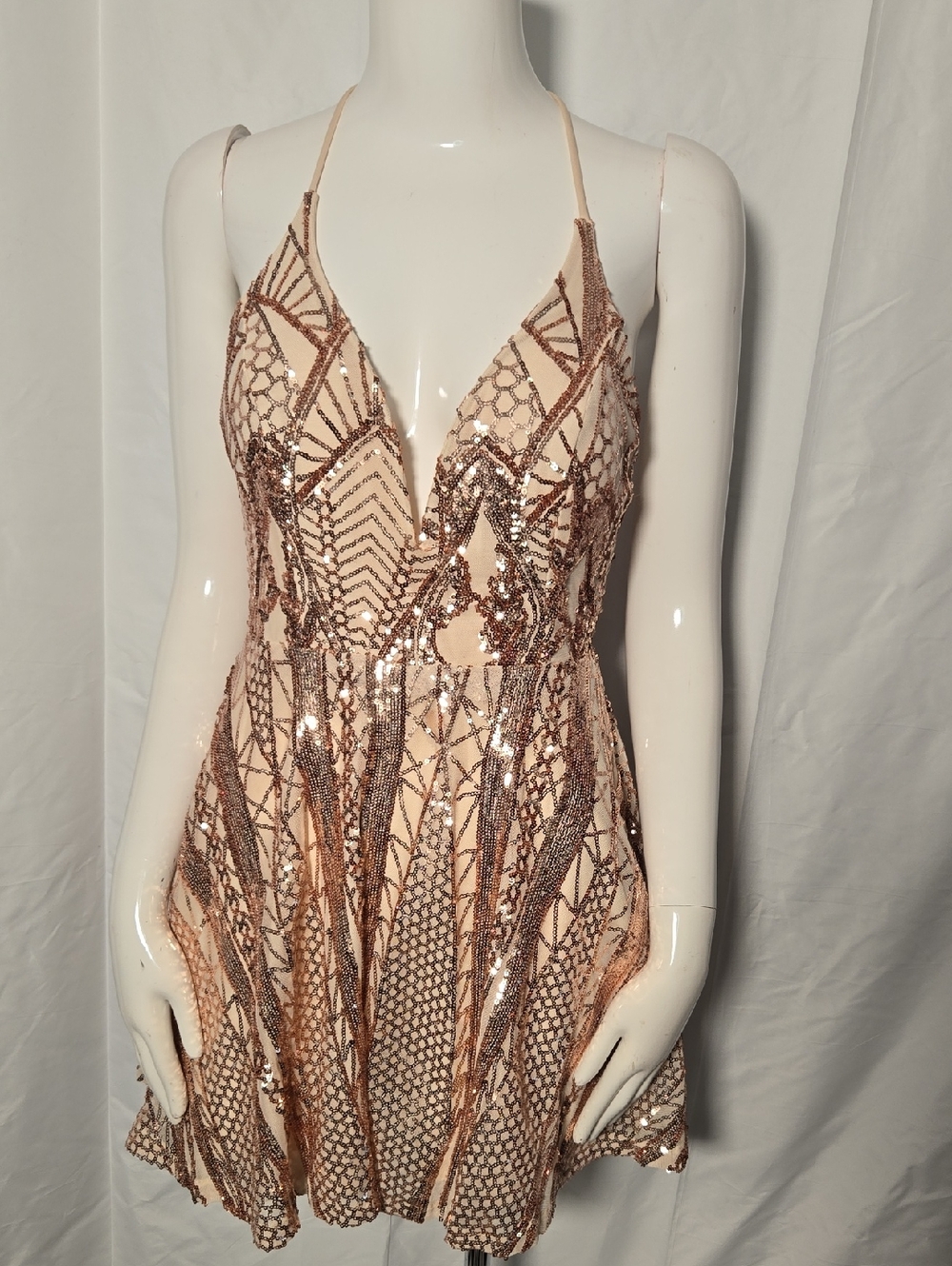 Windsor Rose Gold Sequin Halter Mini Dress